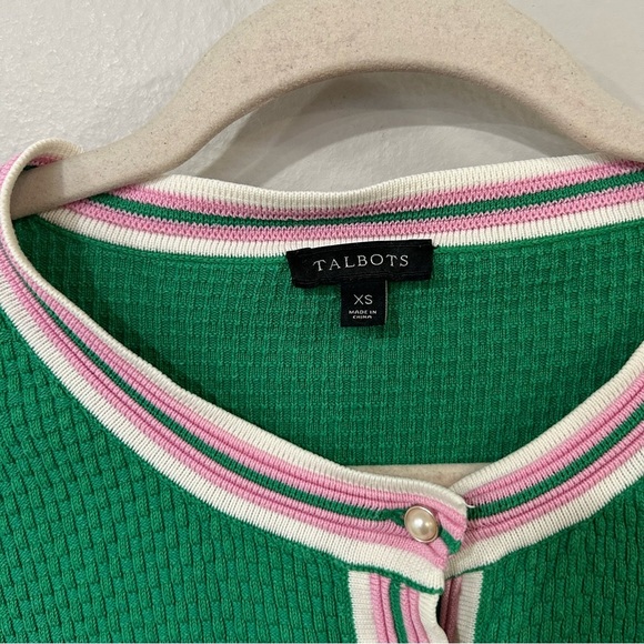 Talbots Green Pearl Button Down Cardigan Sweater Pink White Trim Size XS - Picture 3 of 8